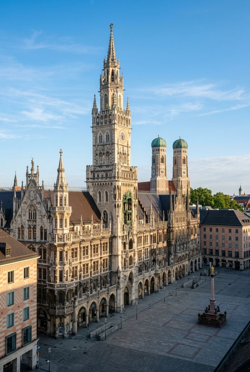München — Neues Rathaus am Marienplatz mit Frauenkirche